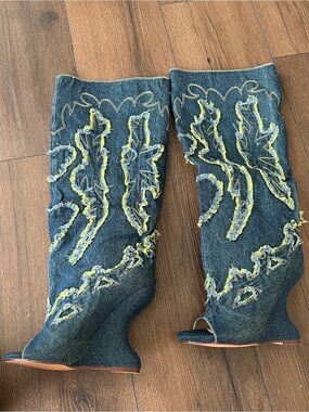 AKIRA Denim Boot-Cut Knee-High Wedge Boots with Yellow Embroidery